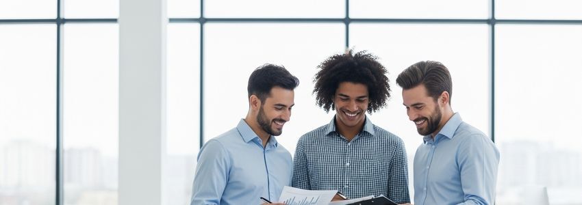 Small business owner reviewing payroll documents with financial advisor in a modern office setting