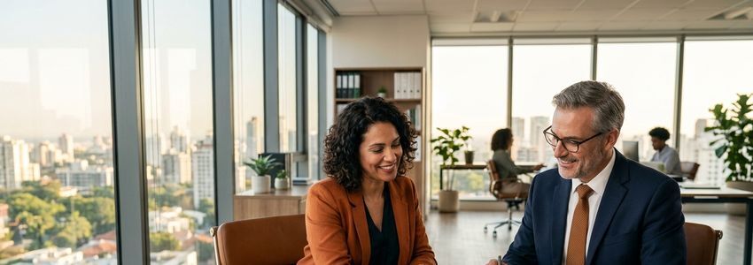 Small business owner and accountant reviewing financial documents in a bright office