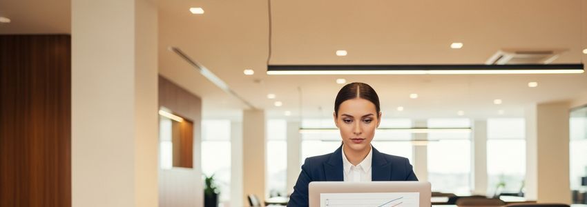 Business professional reviewing private equity investment strategies on laptop in modern corporate office
