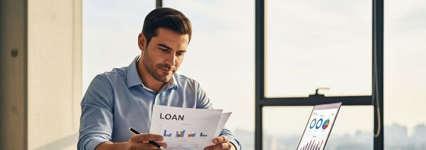 Business owner in Pearland Texas reviewing loan documents at a desk