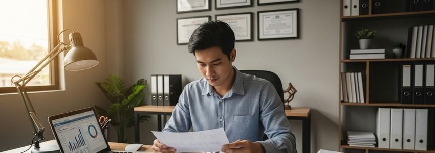 Business owner reviewing franchise loan documents for Pearle Vision eyecare franchise financing