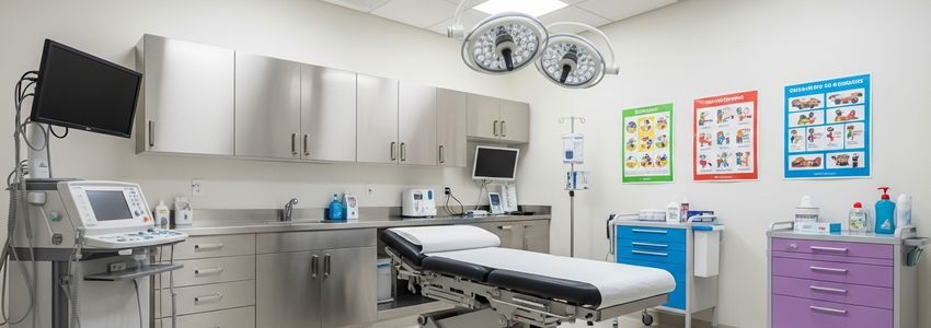 Modern pediatric examination room with specialized clinical equipment for treating young patients