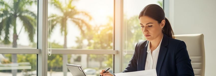 Small business owner reviewing loan documents in Pembroke Pines Florida