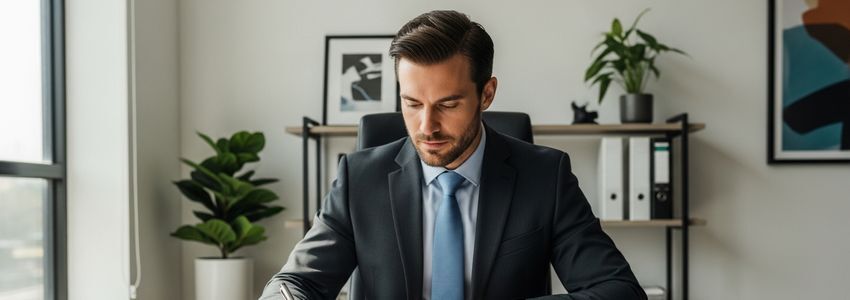Franchise owner reviewing Perkins Restaurant financing documents at a professional office desk
