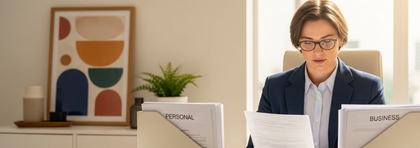 Business owner reviewing personal and business credit documents side by side