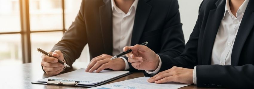Business professionals reviewing personal financial statements and loan documents together at a conference table