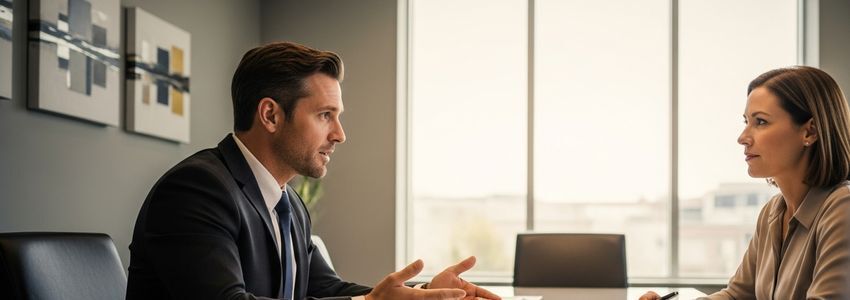 Personal injury attorney consulting with client in modern law office, reviewing case financing options and legal funding strategies