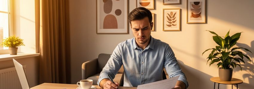 Small business owner reviewing personal loan documents and financial paperwork at a desk