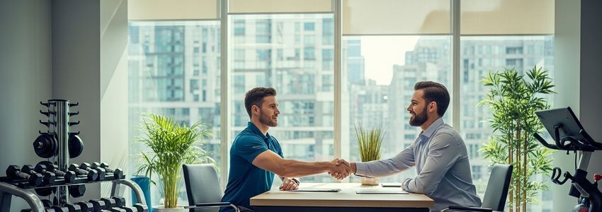 Personal trainer reviewing financing options at a desk in a gym office