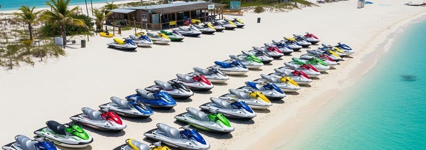 Commercial jet ski fleet at marina ready for rental operations