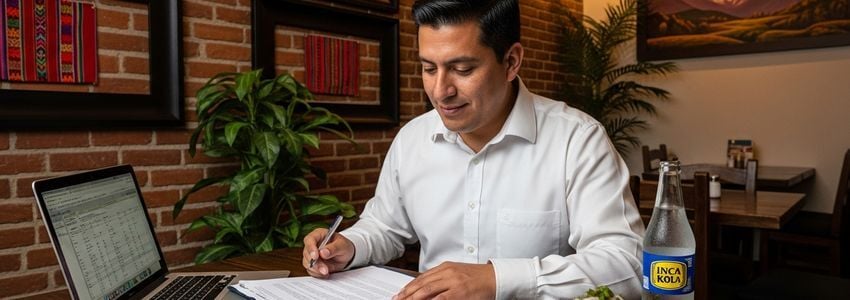 Peruvian restaurant owner reviewing business loan documents
