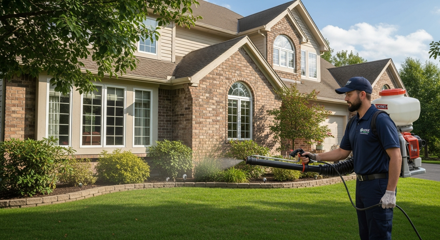 Pest control technician treating a residential home exterior — pest control business loans from Crestmont Capital