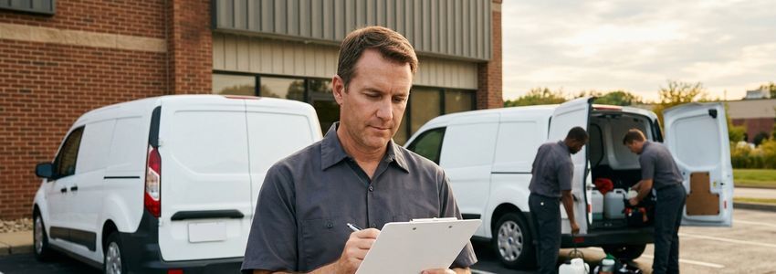 Pest control technician reviewing a service van fleet financing checklist beside a company truck
