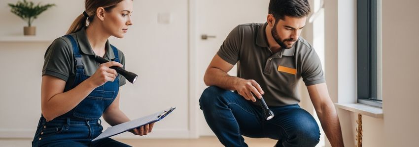 Pest control specialists performing an interior inspection, checking baseboards for termites and pest activity