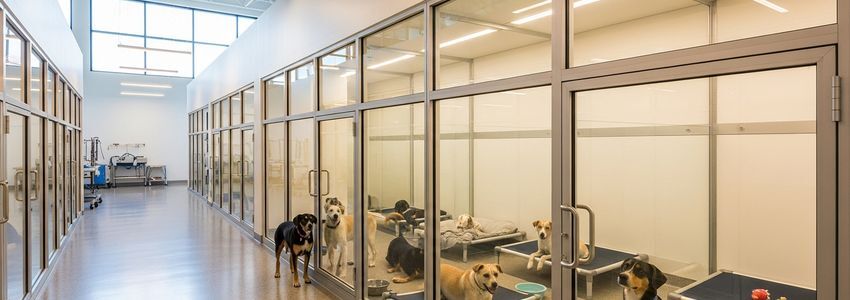 Modern pet boarding facility with clean kennel runs and happy dogs