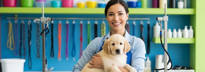 Pet care franchise owner at grooming salon holding a golden retriever puppy - representing pet care franchise business loan financing success