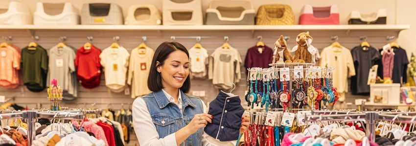 Pet clothing business owner reviewing inventory in a colorful pet apparel retail store