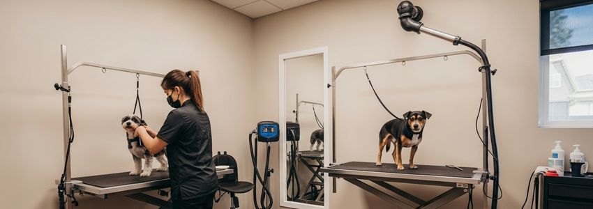 Professional pet grooming station inside a pet daycare facility with groomer working with a dog on a commercial grooming table