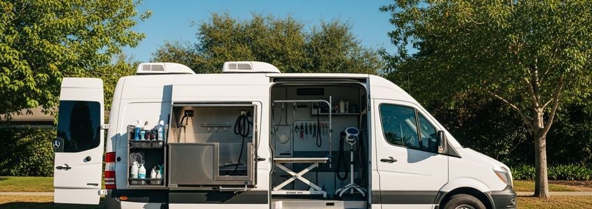 Mobile pet grooming van equipped with professional grooming tools, representing a capital investment funded by pet grooming business loans