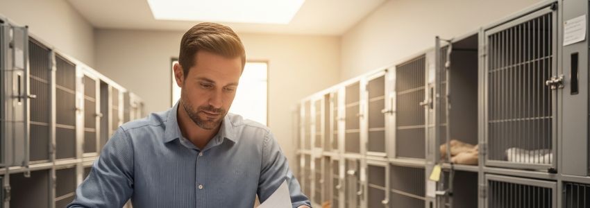 Pet hotel owner reviewing business loan documents at a commercial boarding facility