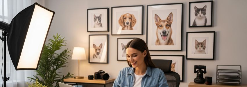 Pet photographer reviewing business loan documents at a desk with pet portraits on the wall