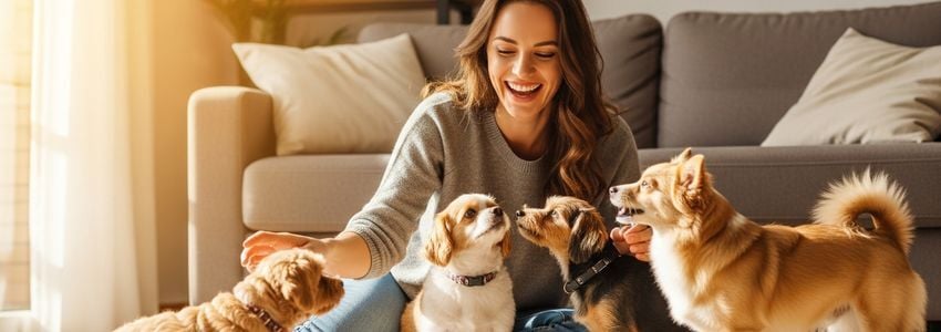 Pet sitter playing with dogs in a home setting - pet sitting business financing