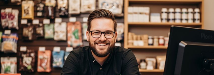 Pet retail franchise owner reviewing inventory and supplies in a pet store