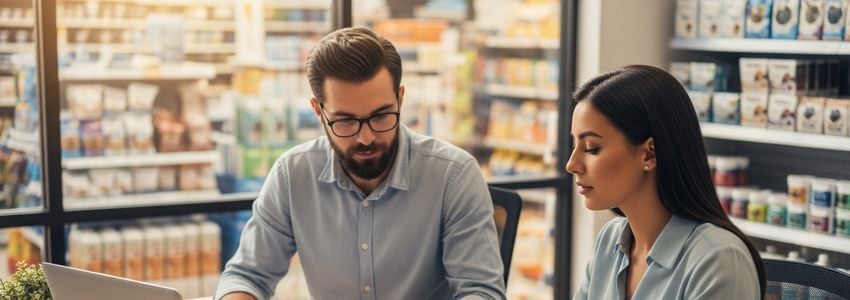 Pet supply franchise owner reviewing business loan documents at store office