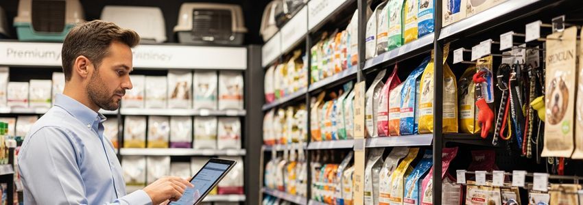 Pet supply store manager reviewing inventory on tablet in a pet retail store