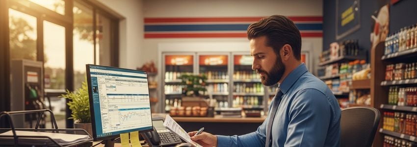 Gas station business owner reviewing petroleum equipment financing paperwork at a desk inside a convenience store