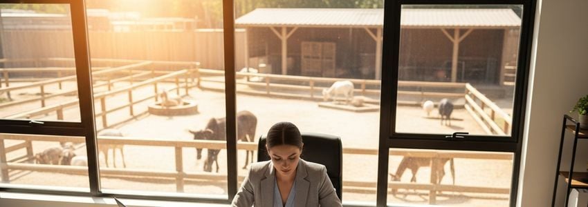 Petting zoo business owner reviewing financing documents in a bright office