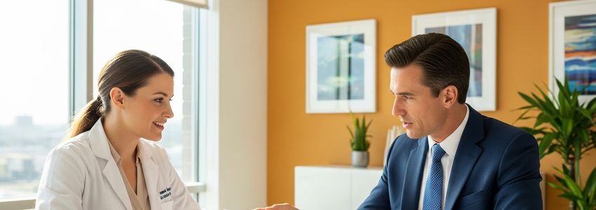 Pharmacy franchise owner discussing business loan options with a financial advisor
