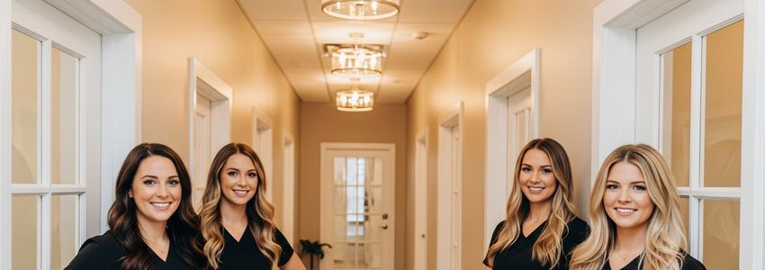 Beauty professionals in an upscale salon suite corridor
