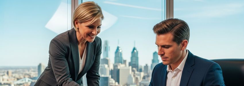 Philadelphia business owners reviewing loan documents with a financial advisor
