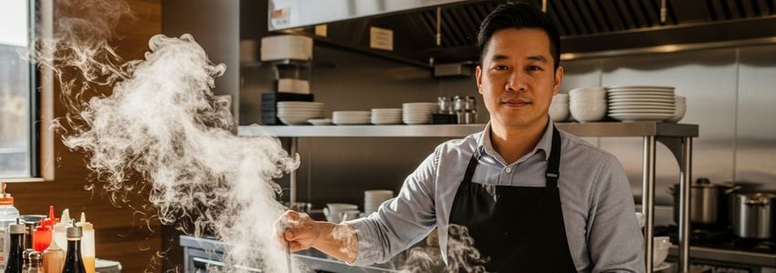 Pho restaurant owner reviewing financing options at their Vietnamese restaurant