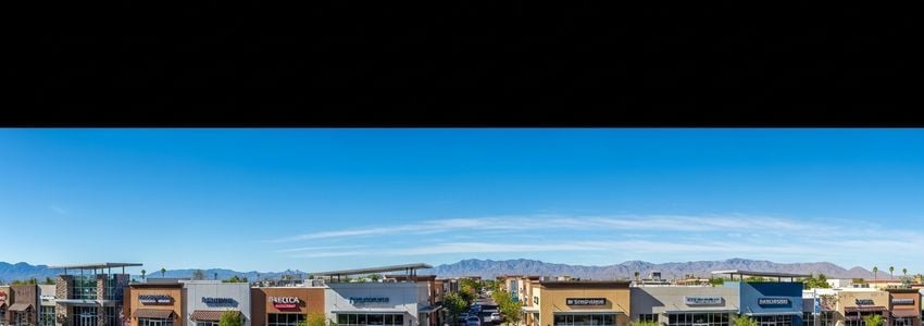 Phoenix small business district with commercial storefronts along a sunny street, representing the vibrant business environment for SBA loans in Phoenix, Arizona