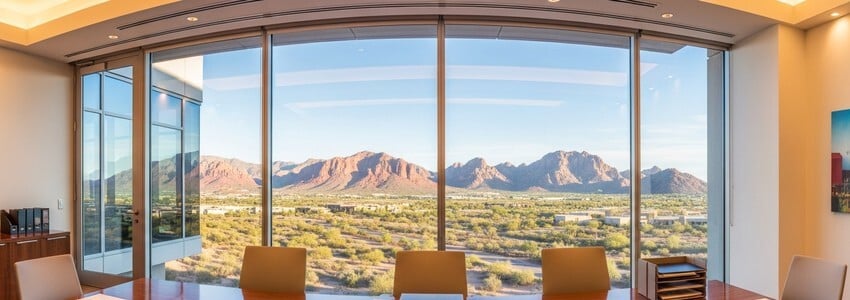 Phoenix Arizona business office conference room with desert mountain landscape view representing SBA loan consulting