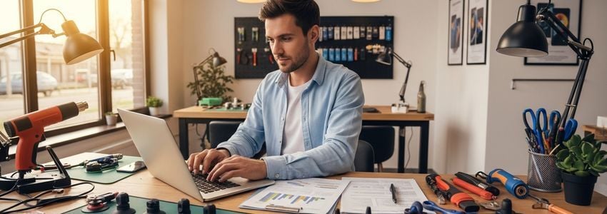 Phone repair shop owner reviewing business financing documents at workbench with repair tools and smartphones visible
