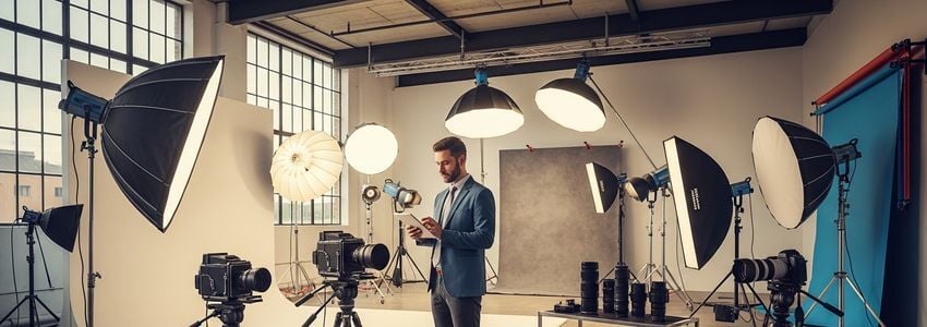 Professional photographer reviewing work in a photography agency studio