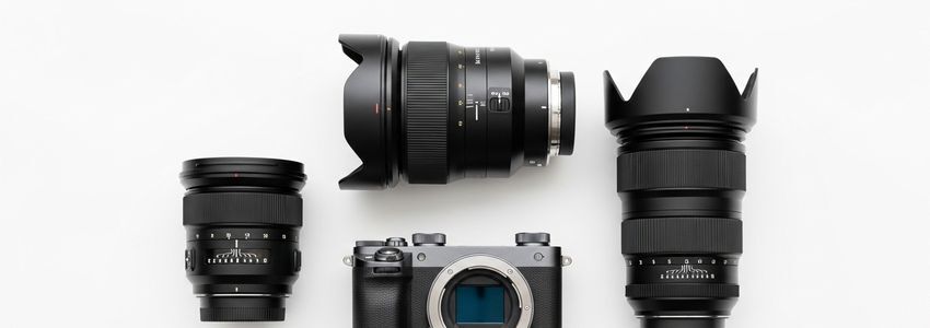 Professional photography equipment including camera bodies, lenses, and lighting in a commercial studio