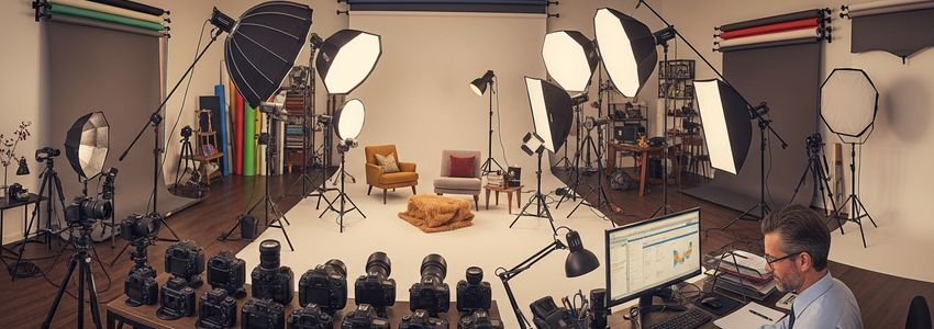 Photography studio owner reviewing business loan documents with financial advisor