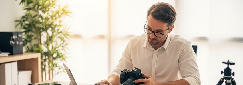 Photography tour guide reviewing business financing documents with camera equipment on desk
