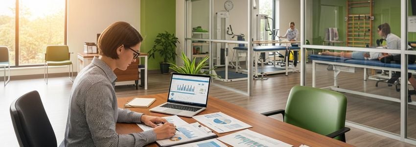 Physical rehabilitation center owner reviewing financing documents in a modern rehab facility