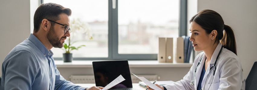 Physician and financial advisor reviewing medical practice loan documents at office desk
