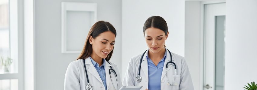 Physicians reviewing practice financing options at a conference table in a modern medical office