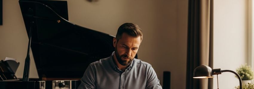Piano tuning business owner reviewing financing options at a desk with a grand piano in the background