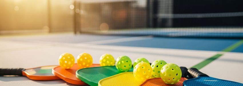 Colorful pickleball paddles and balls on a bright court surface representing equipment financing for pickleball businesses