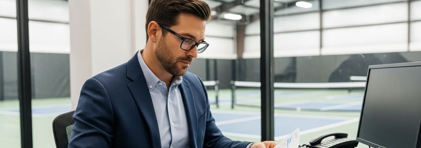 Pickleball facility owner reviewing business financing documents at a desk with courts visible in background