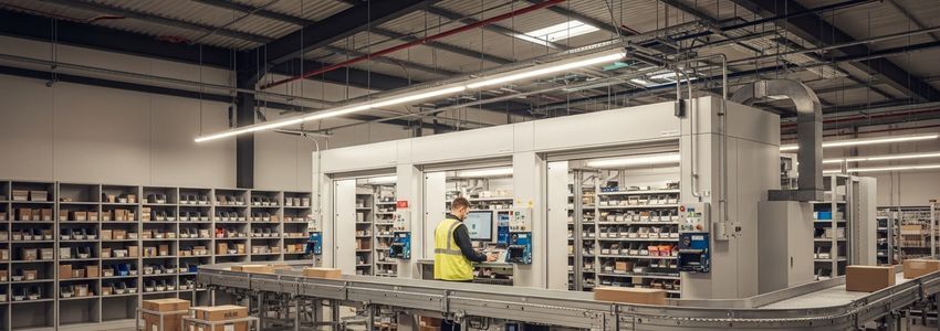 Warehouse worker organizing packages at a modern delivery station with conveyor systems and storage lockers