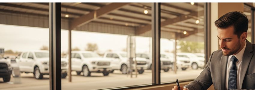 Business owner inspecting pickup truck at dealership for commercial financing